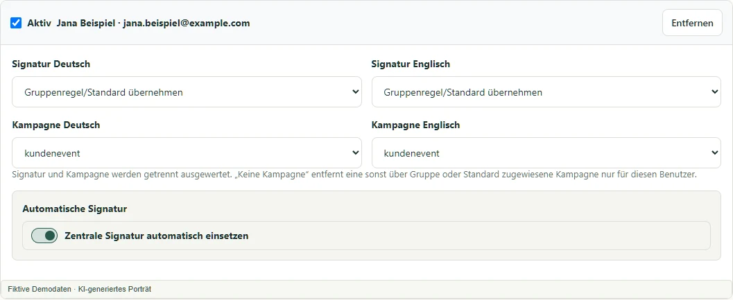 Echte individuelle Kampagnenzuweisung für Jana Beispiel · fiktive Demodaten