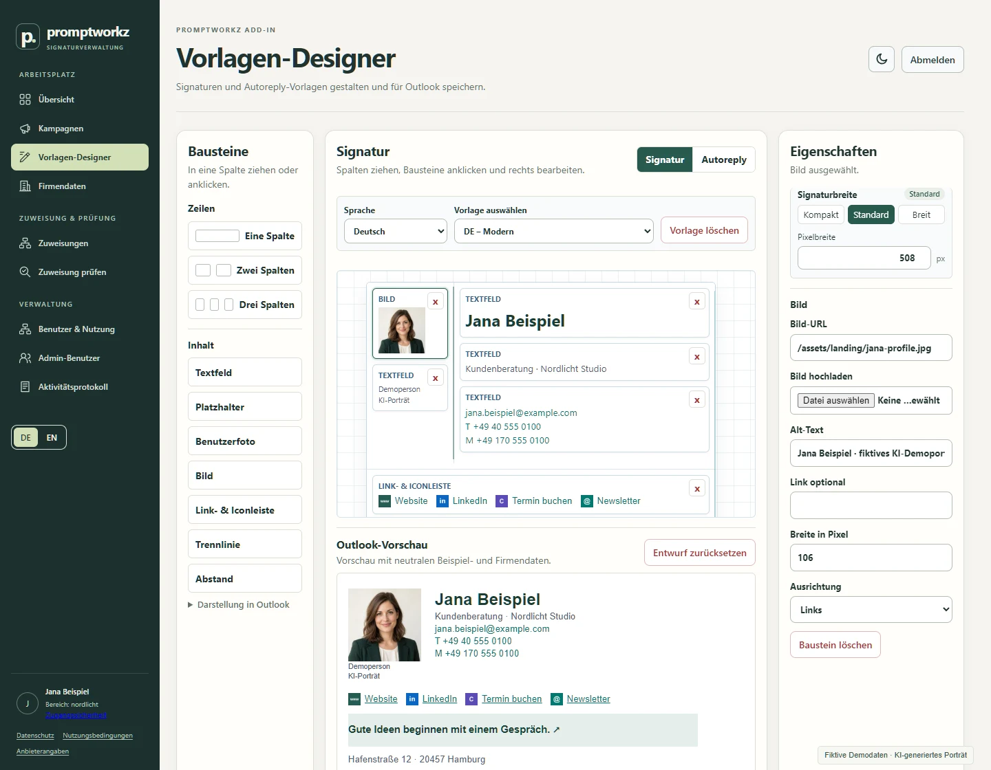 Echter Vorlagen-Designer mit einer Signatur für Jana Beispiel vom fiktiven Nordlicht Studio