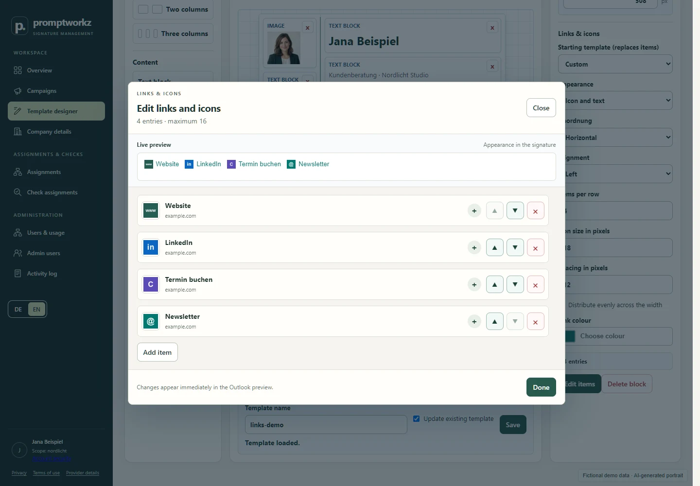 Actual link and icon editor with fictional website, LinkedIn, booking and newsletter links