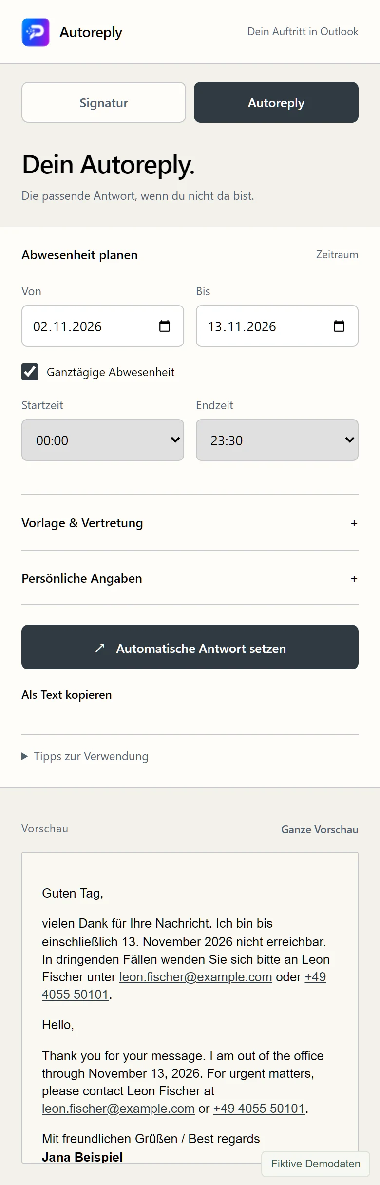 Echtes mobiles Autoreply-Formular mit fiktiven Abwesenheits- und Vertretungsdaten