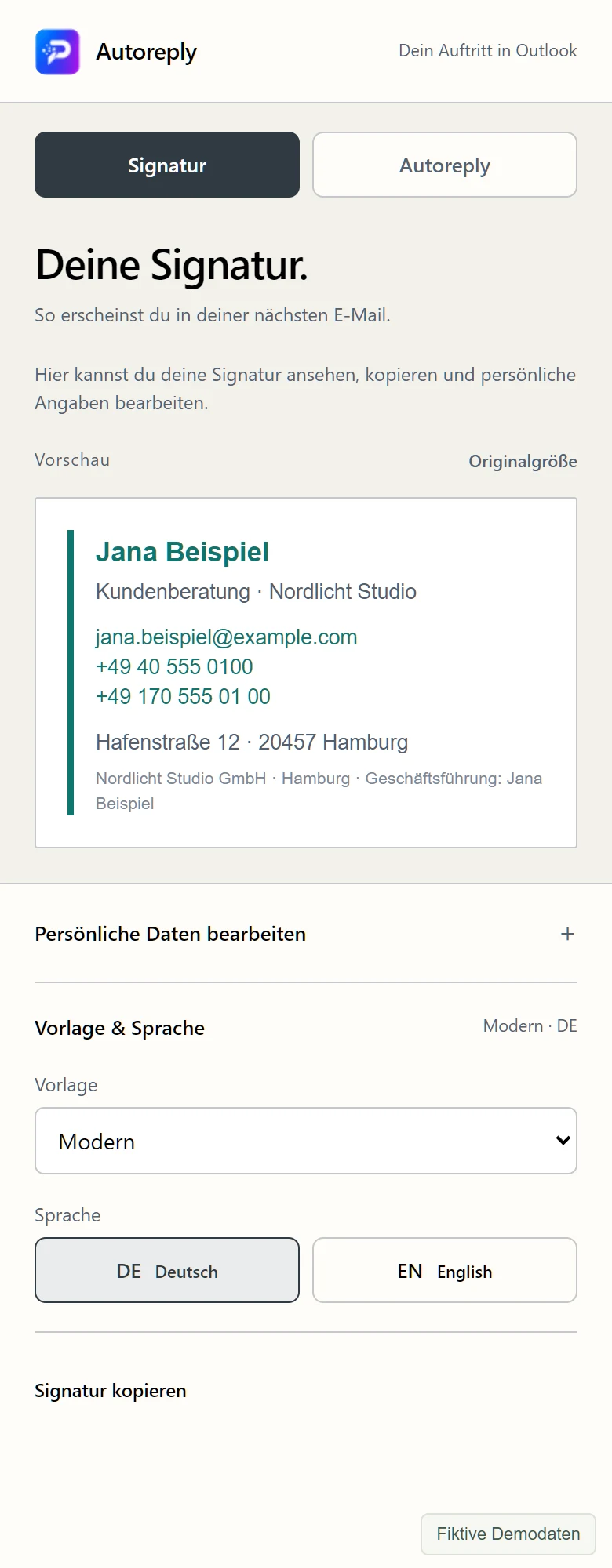 Echte mobile Signaturansicht mit fiktiven Kontaktdaten von Jana Beispiel
