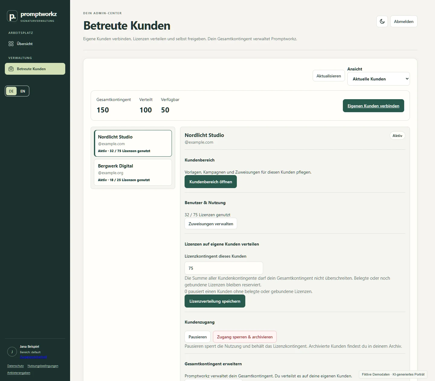 Echte Dienstleisteransicht für die eigenen fiktiven Kunden Nordlicht Studio und Bergwerk Digital