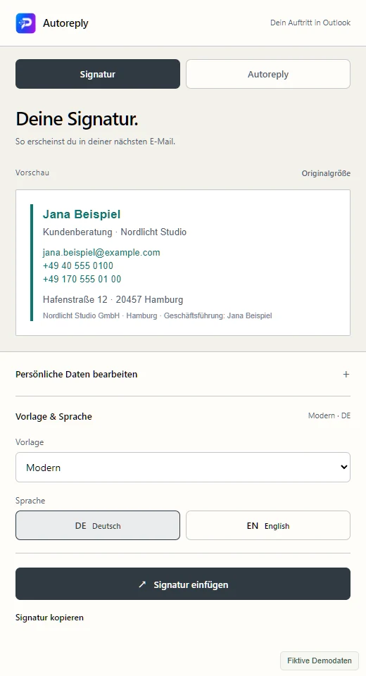 Echte Signatur-Oberfläche des Add-ins in Graphit mit fiktiven Demodaten